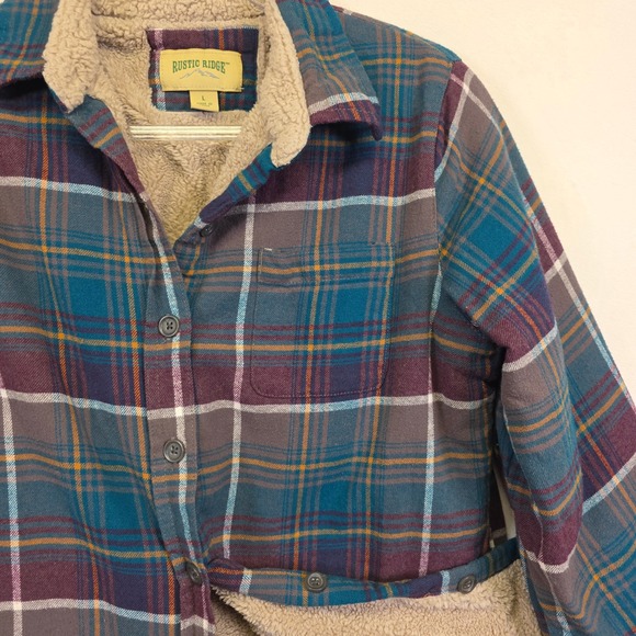 Rustic Ridge Sherpa Lined Flannel Shirt Womens L Blue Plaid Cozy Button Shacket - Picture 12 of 16